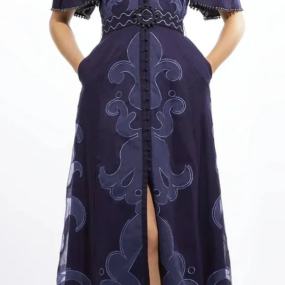 Karen Millen  Baroque Applique Linen Organdie Woven Maxi Dress - Picture 4 of 5